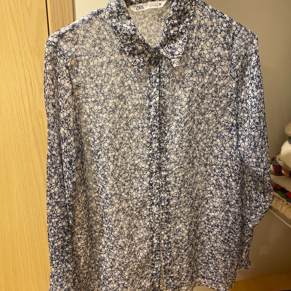 Zara sheer blue and white floral button up